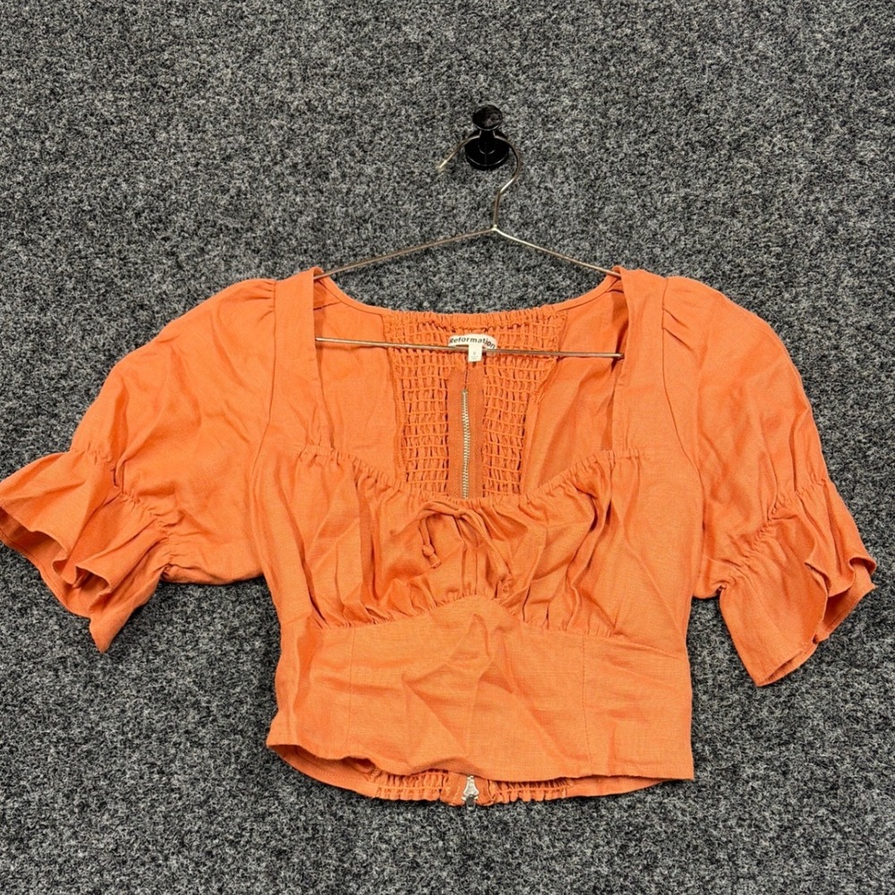 Reformation Top Womens 0 Orange Linen Puff Sleeve Smocked Back Crop Blouse Boho